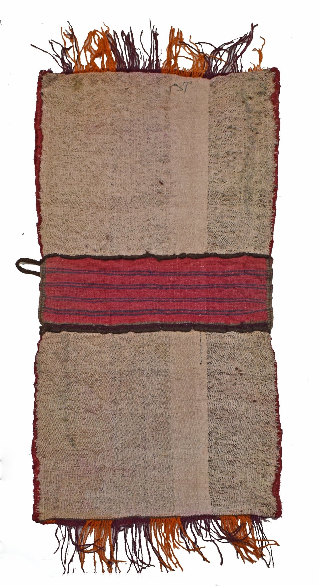 A vintage handmade Afghan wool saddle bag featuring a central red striped panel and fringed ends.