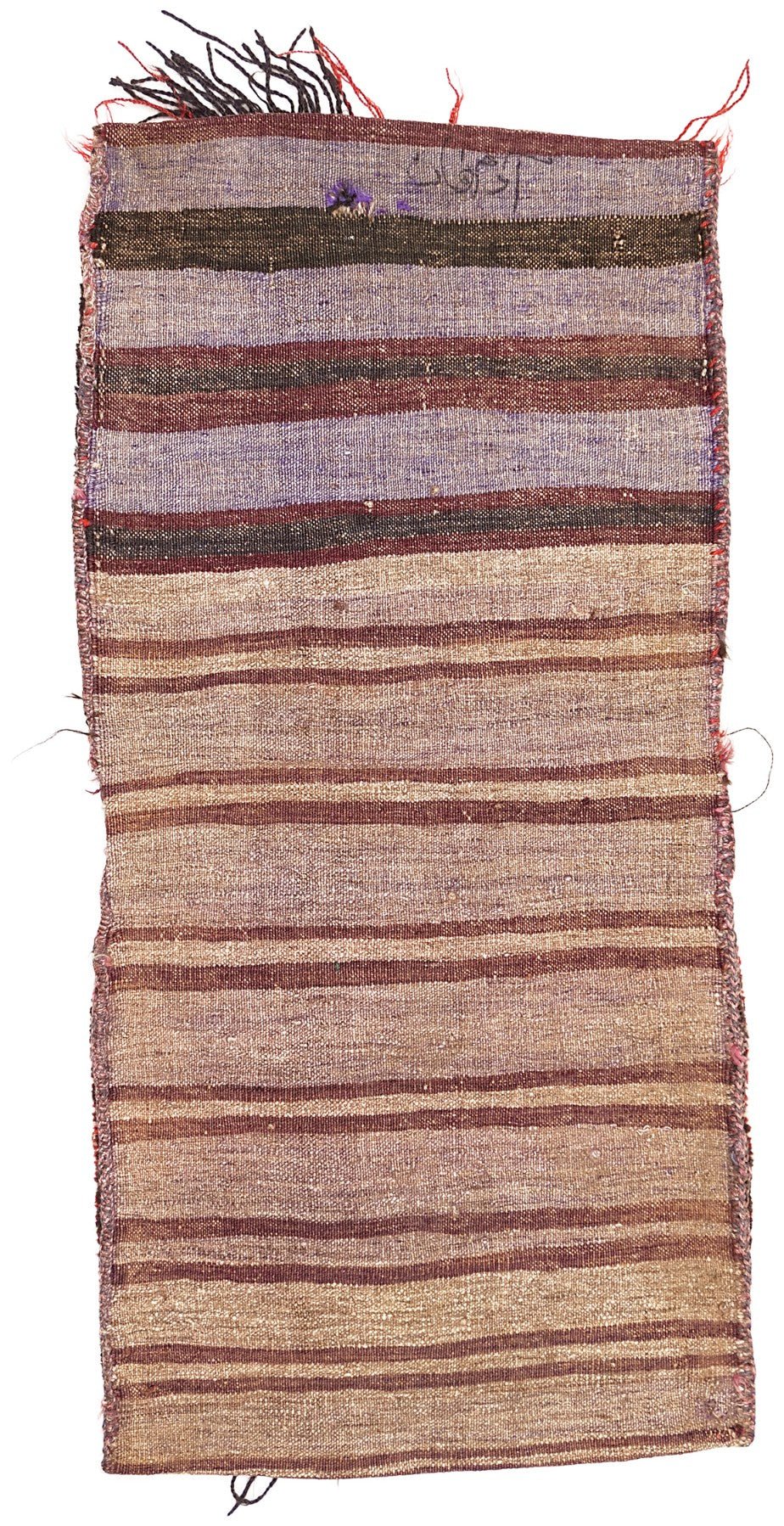 A handmade vintage Afghan wool saddle bag featuring horizontal stripes in earthy tones.
