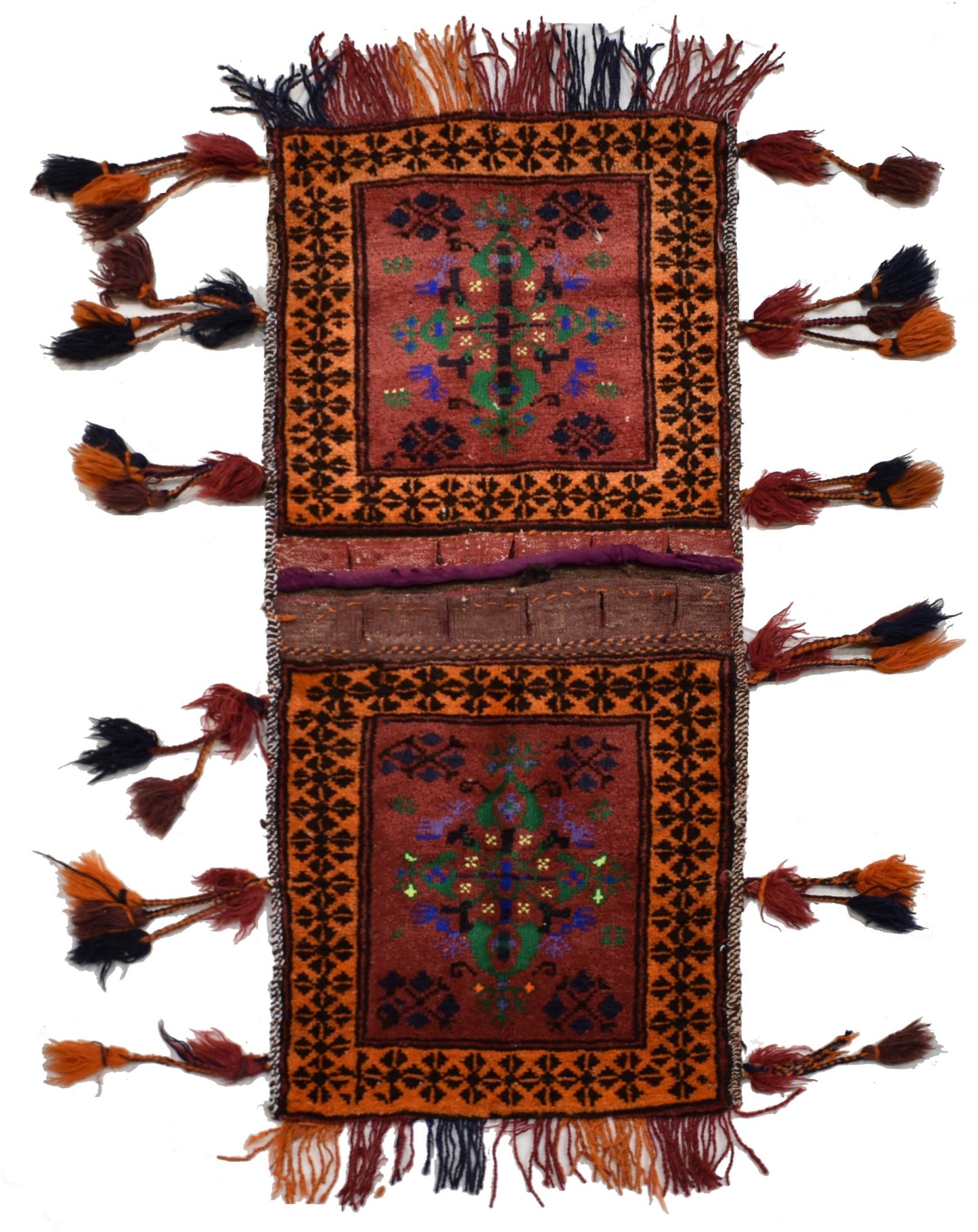 A vintage handmade Afghan wool saddle bag featuring two rectangular panels with tribal motifs.