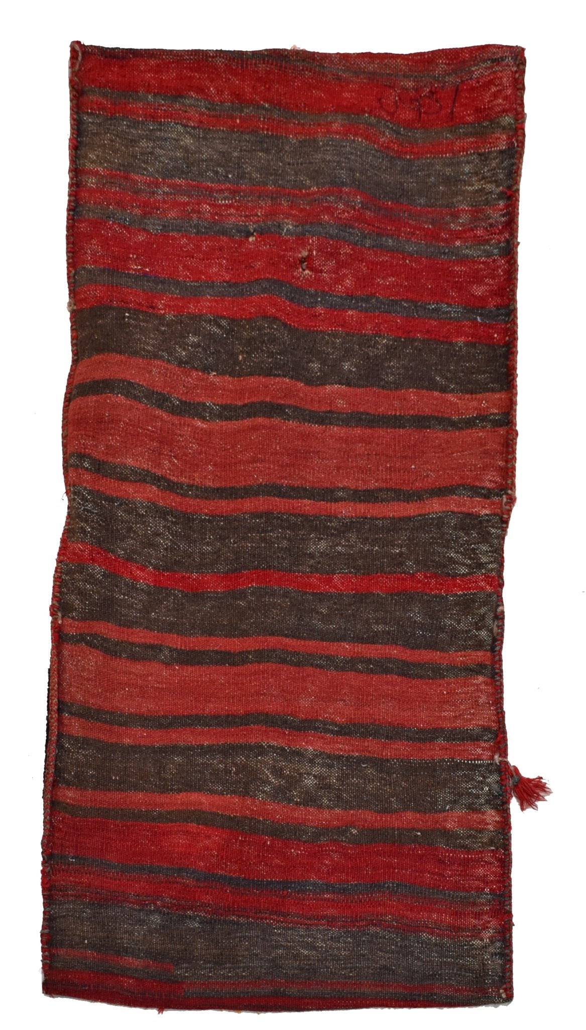 A vintage handmade Afghan saddle bag featuring horizontal red and dark brown wool stripes.