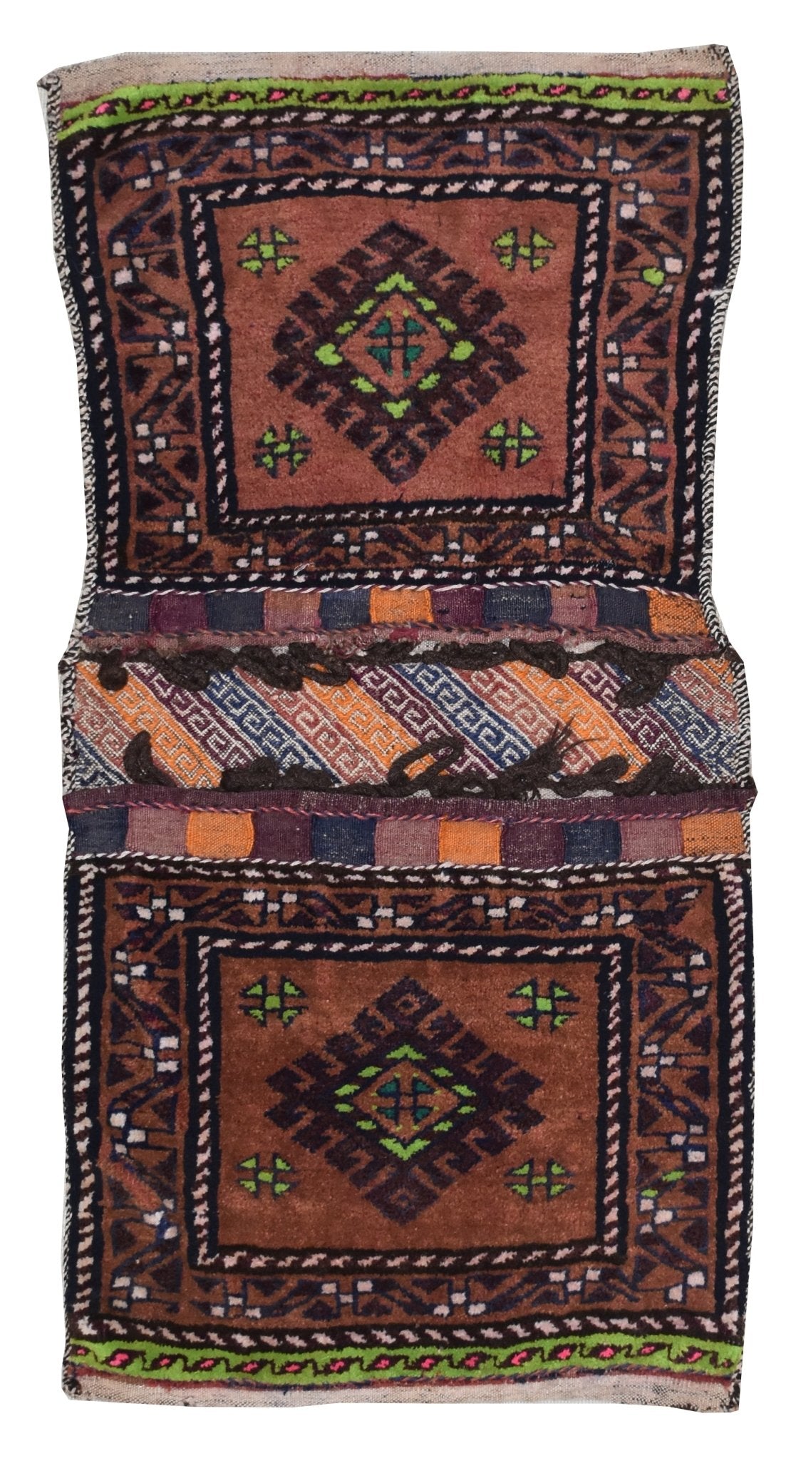 A handmade vintage Afghan wool saddle bag featuring two matching panels with geometric patterns.