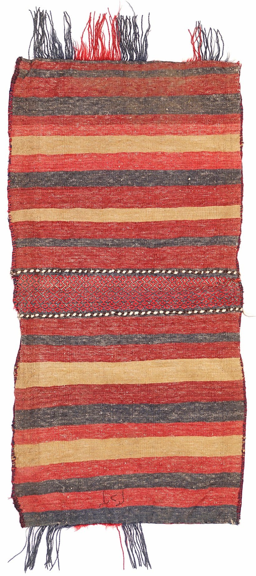 A handmade vintage Afghan wool saddle bag featuring horizontal red, tan, and dark grey stripes.