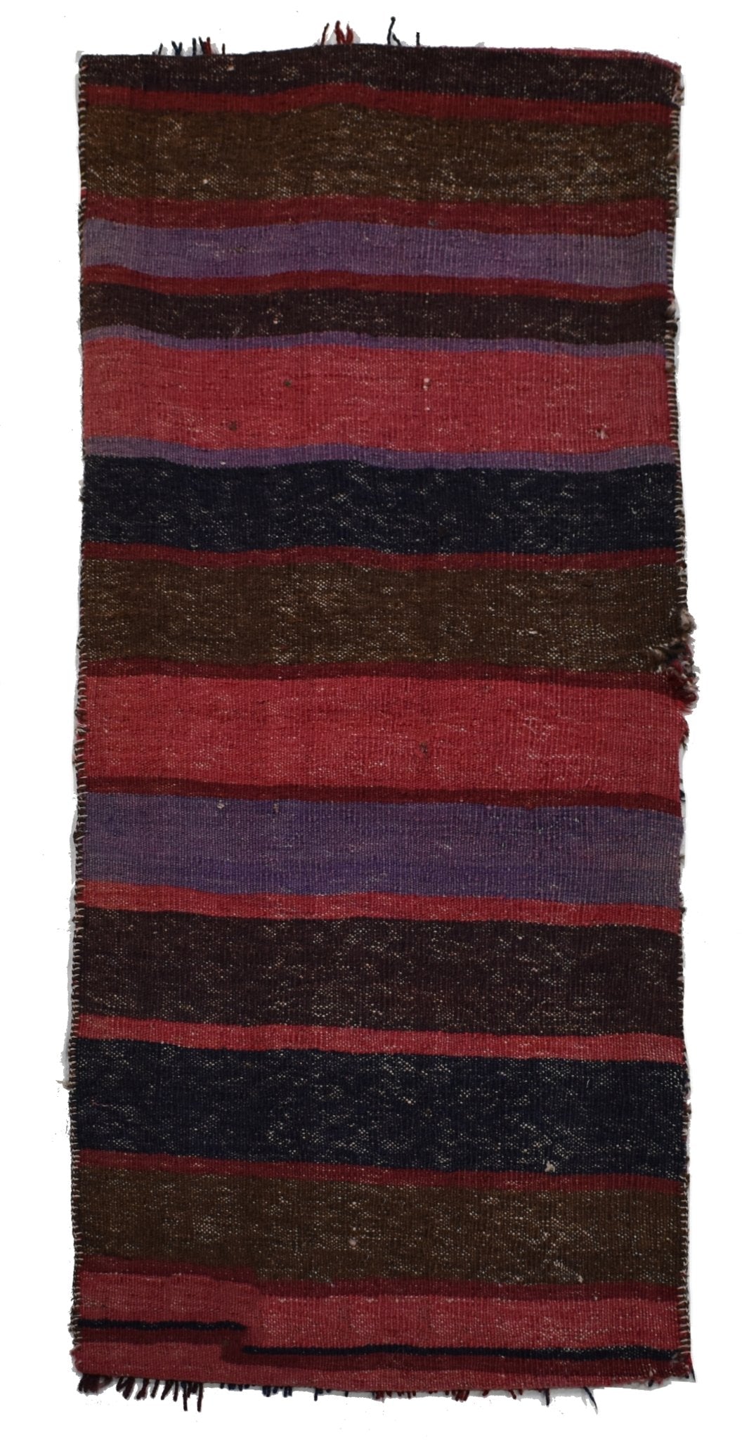 A vintage handmade Afghan wool saddle bag featuring horizontal stripes in red, brown, and purple.