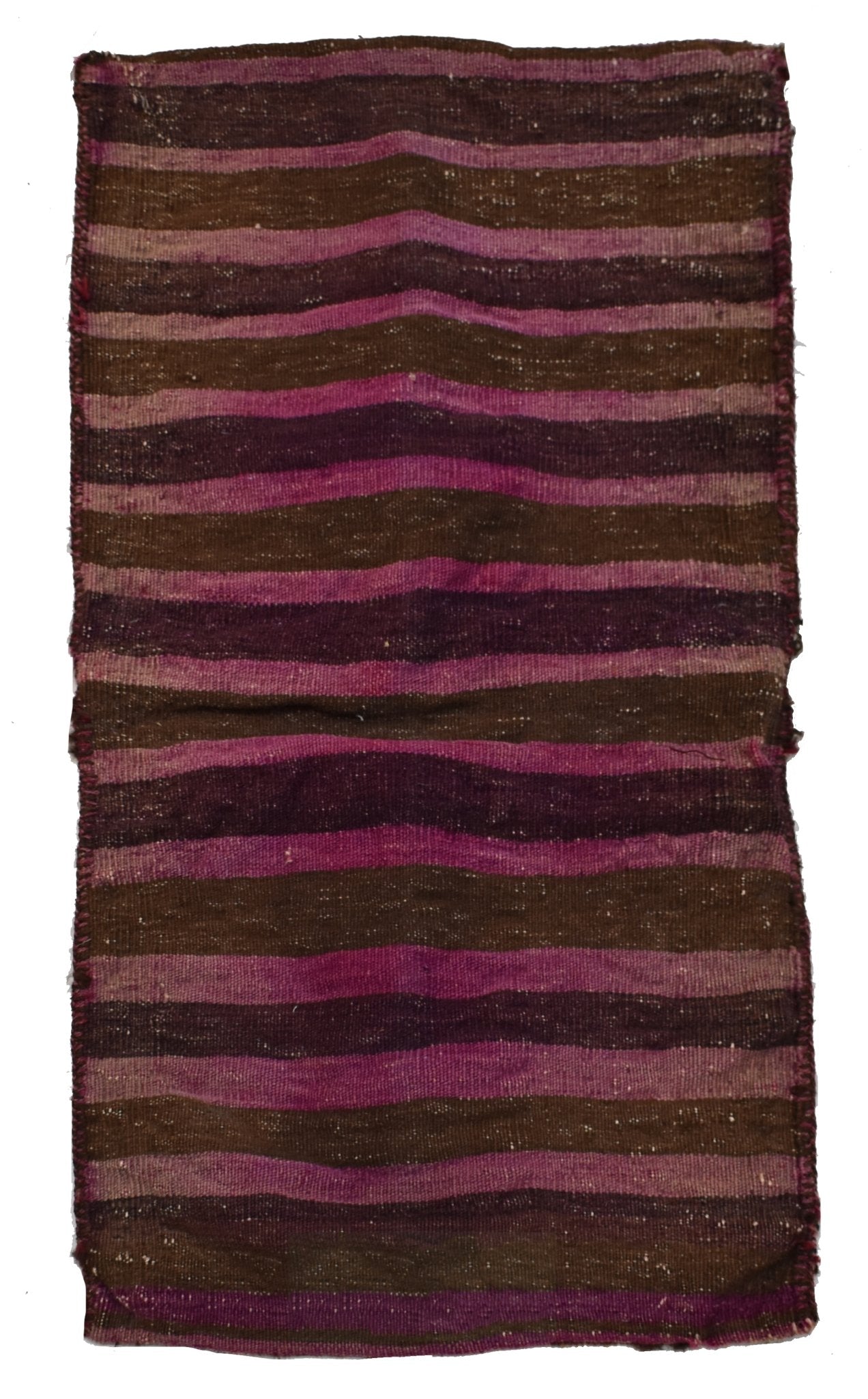A vintage handmade Afghan saddle bag featuring horizontal stripes in shades of purple and brown.