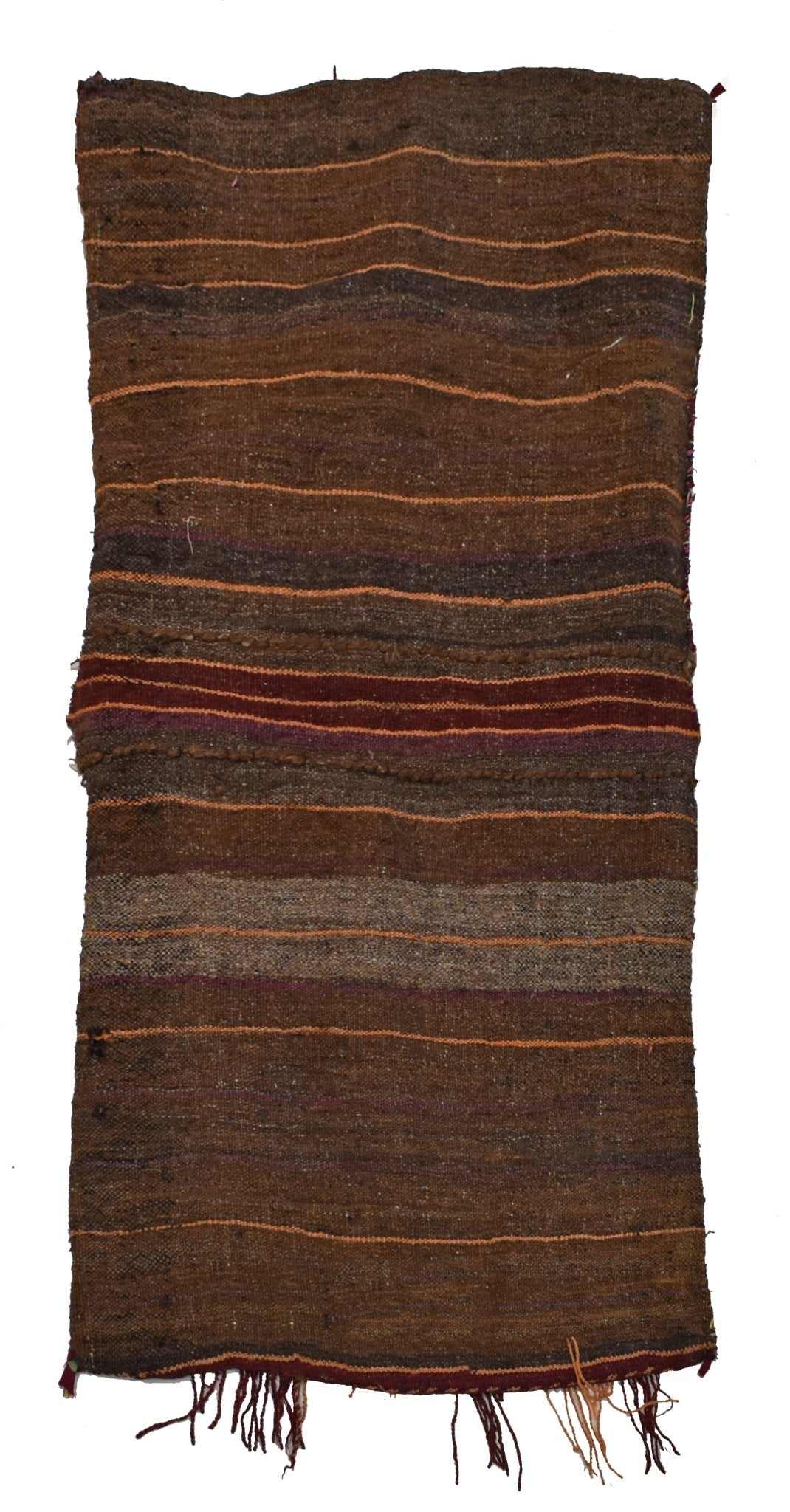 A vintage handmade Afghan wool saddle bag featuring horizontal brown and red striped patterns.