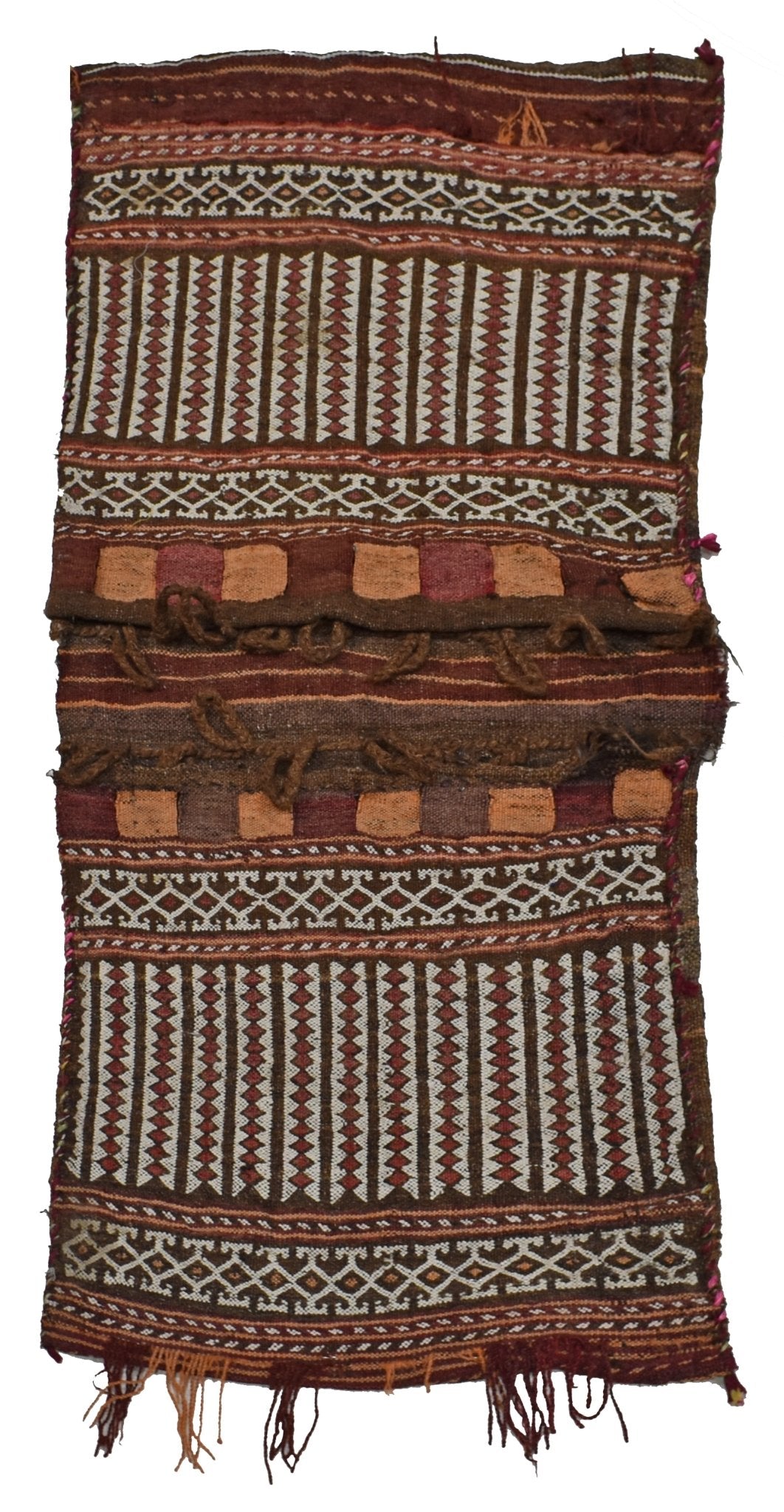 A vintage handmade Afghan wool saddle bag featuring geometric patterns in red, brown, and white.