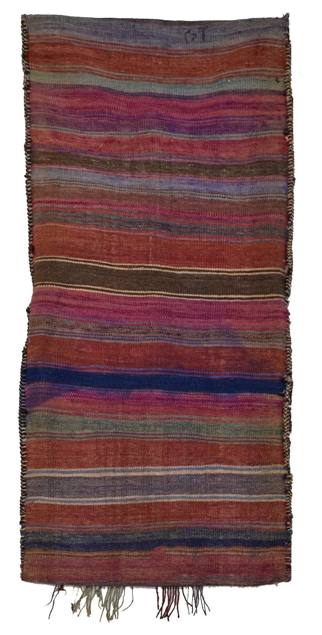 A vintage handmade Afghan wool saddle bag featuring horizontal stripes in earthy, vibrant tones.