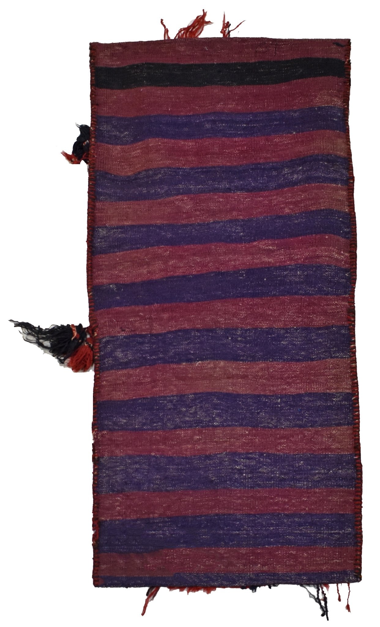 A vintage Afghan saddle bag featuring horizontal stripes in shades of purple, red, and black.