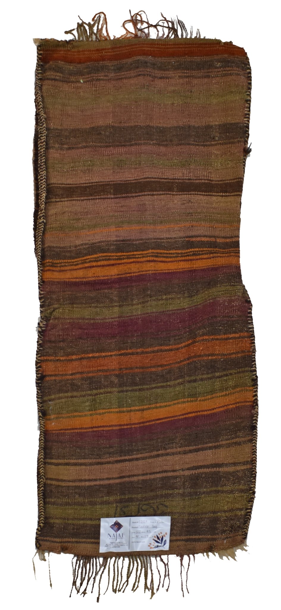 A vintage Afghan saddle bag featuring horizontal stripes in earthy tones with fringed ends.