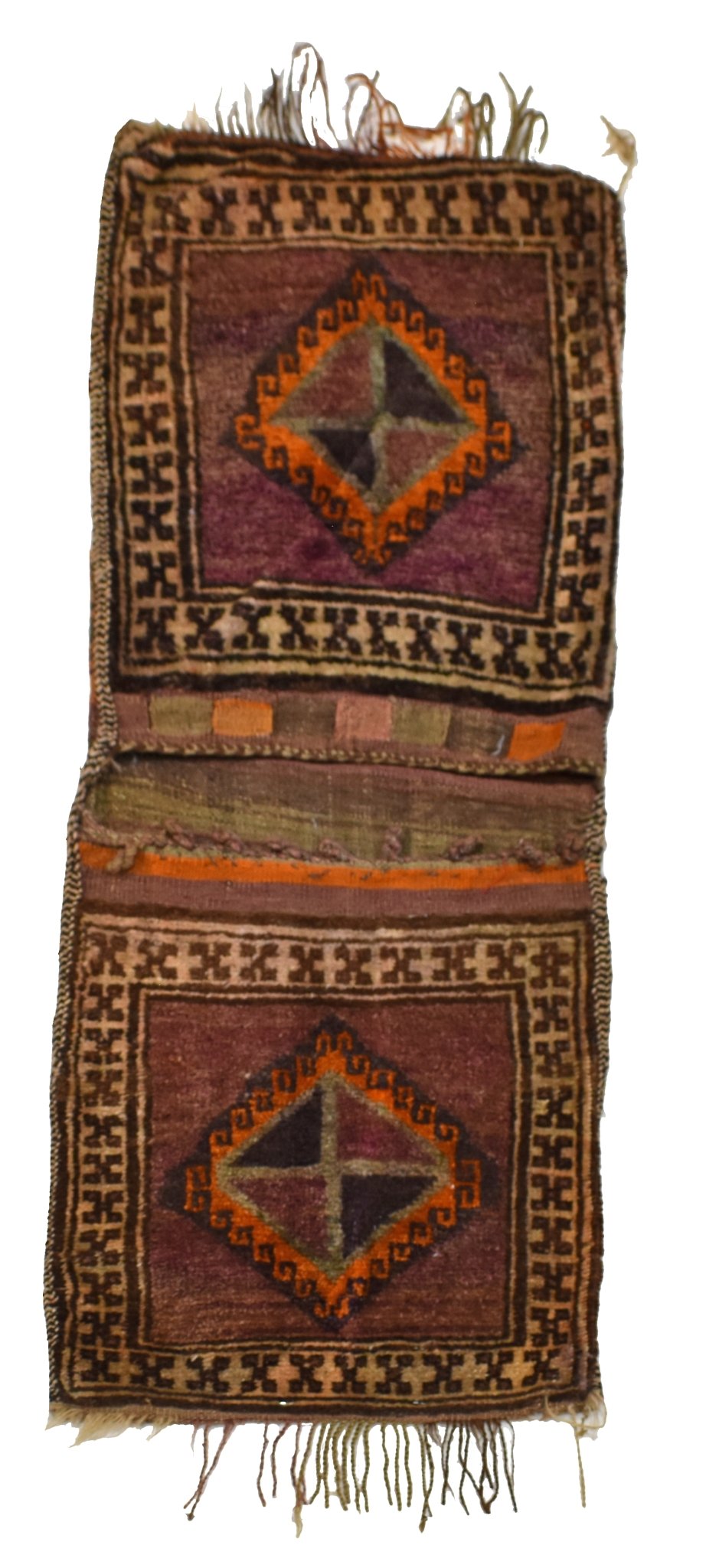 A vintage handmade Afghan wool saddle bag featuring two matching panels with geometric motifs.