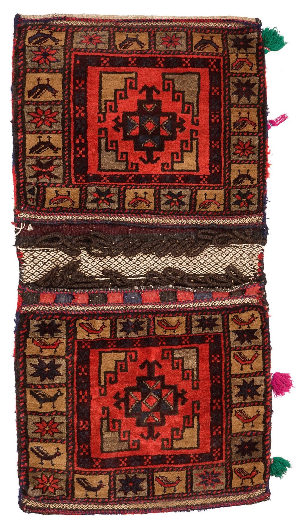 A vintage handmade Afghan wool saddle bag featuring two matching panels with geometric motifs.