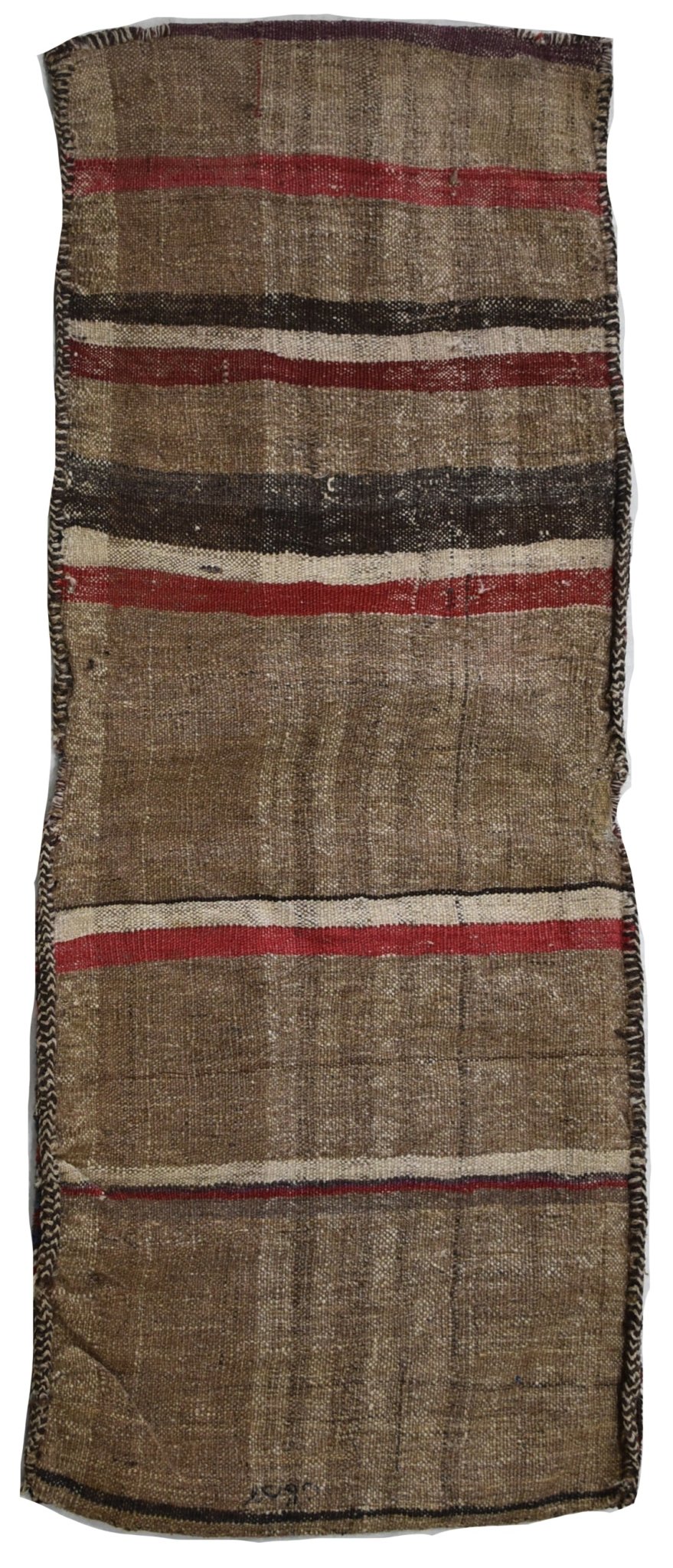 A vintage handmade Afghan wool saddle bag featuring horizontal stripes in brown, red, and cream.