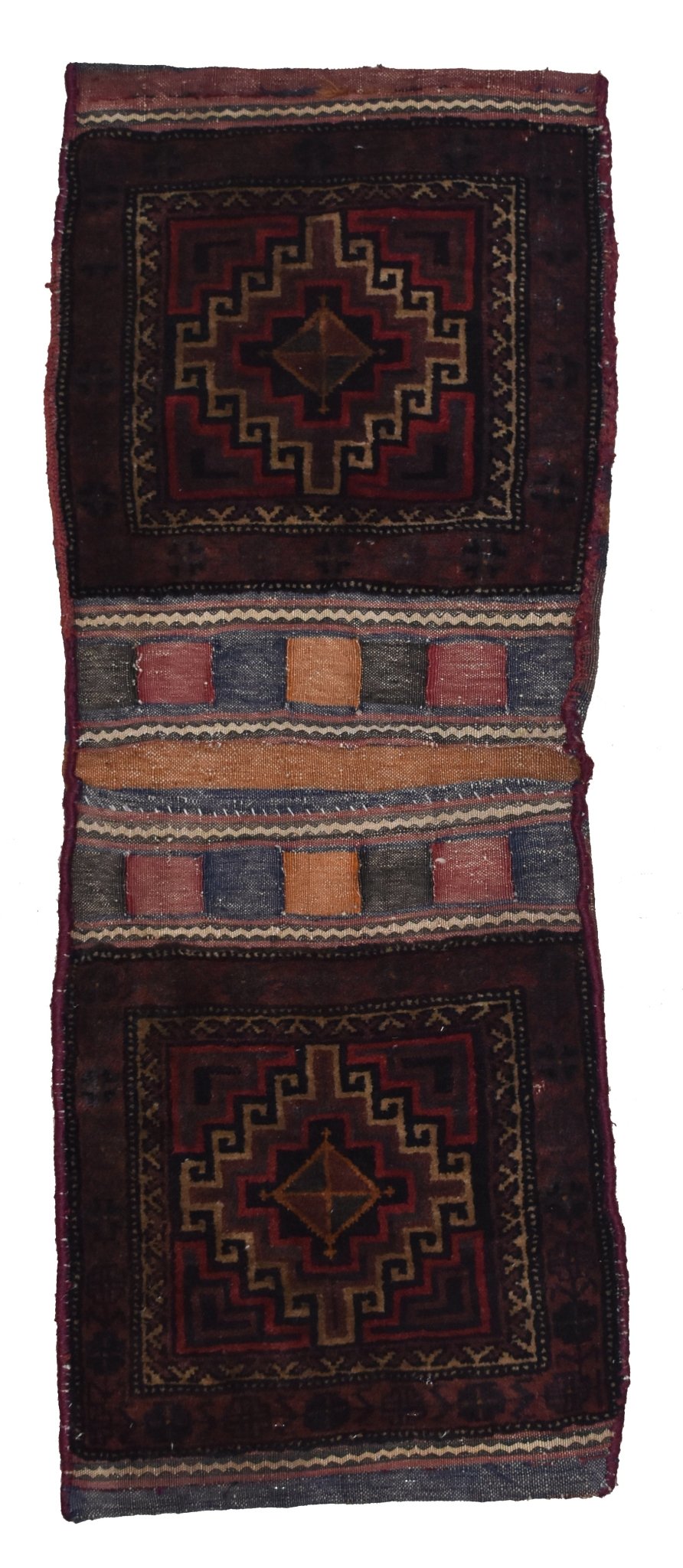 A vintage handmade Afghan wool saddle bag featuring two square panels with geometric patterns.