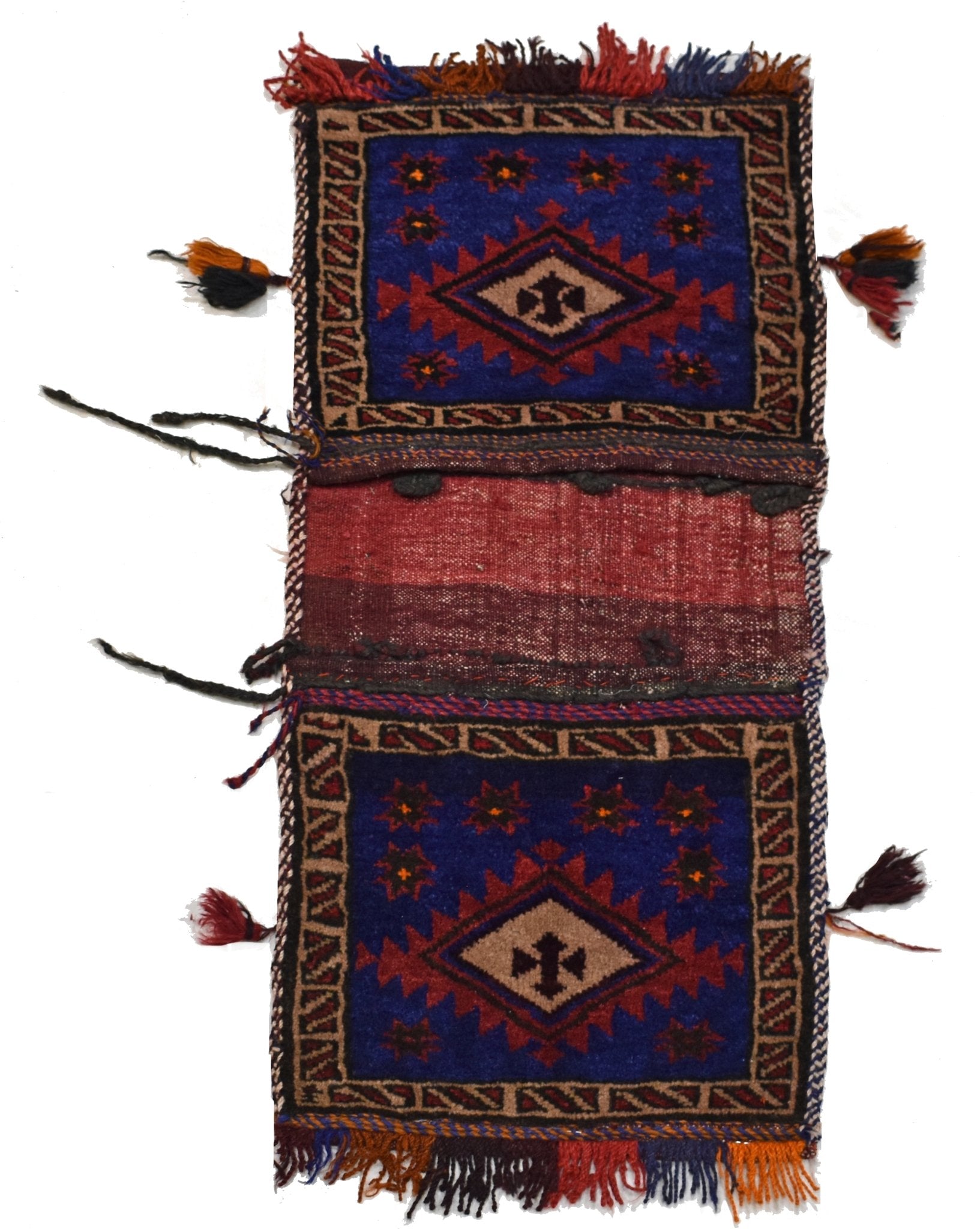 A vintage handmade Afghan wool saddle bag featuring two blue panels with geometric diamond motifs.