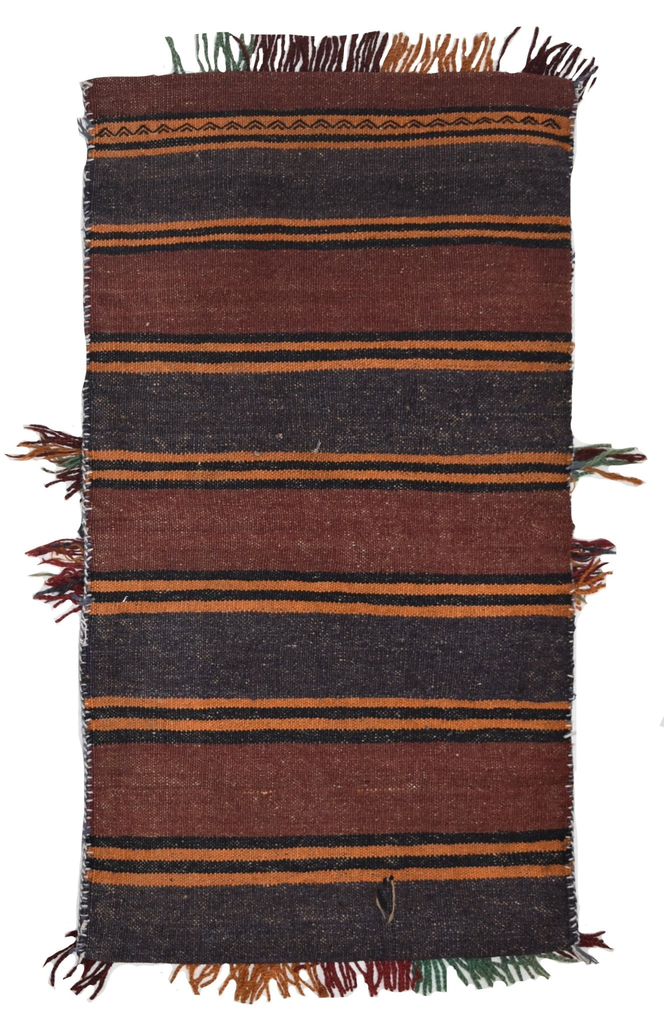 A vintage handmade Afghan wool saddle bag featuring horizontal stripes in brown, black, and orange.