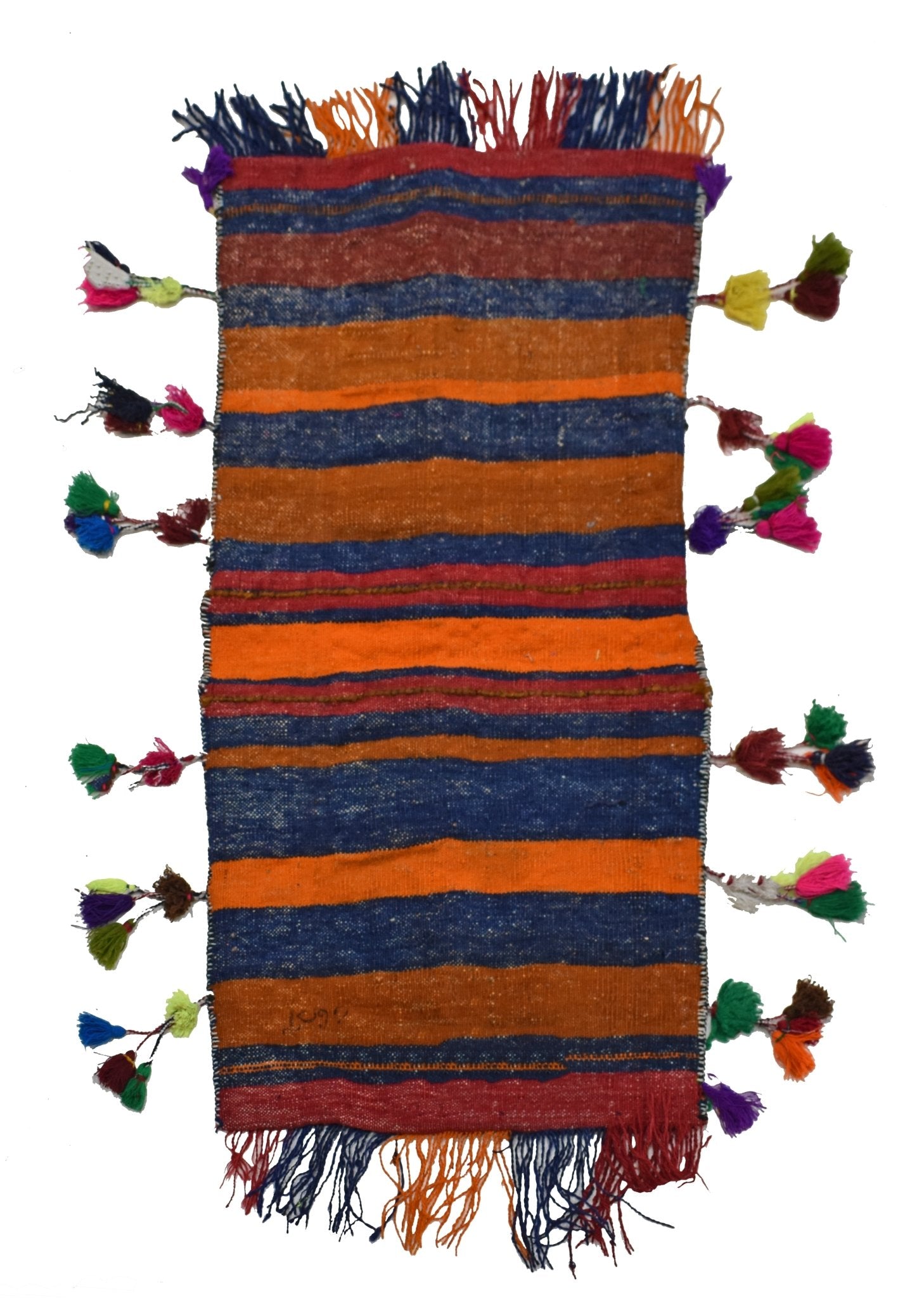 A vintage Afghan saddle bag featuring horizontal stripes in blue, orange, and red with tassels.