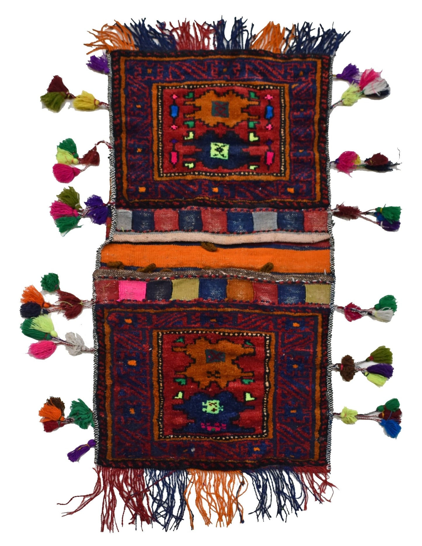 A vintage handmade Afghan wool saddle bag featuring two rectangular panels with colorful tassels.