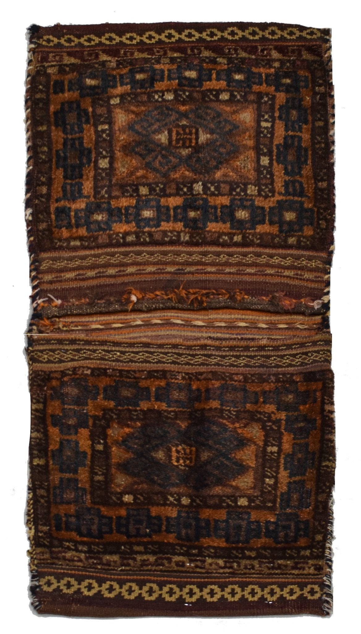 A vintage handmade Afghan wool saddle bag featuring geometric patterns in brown and blue tones.