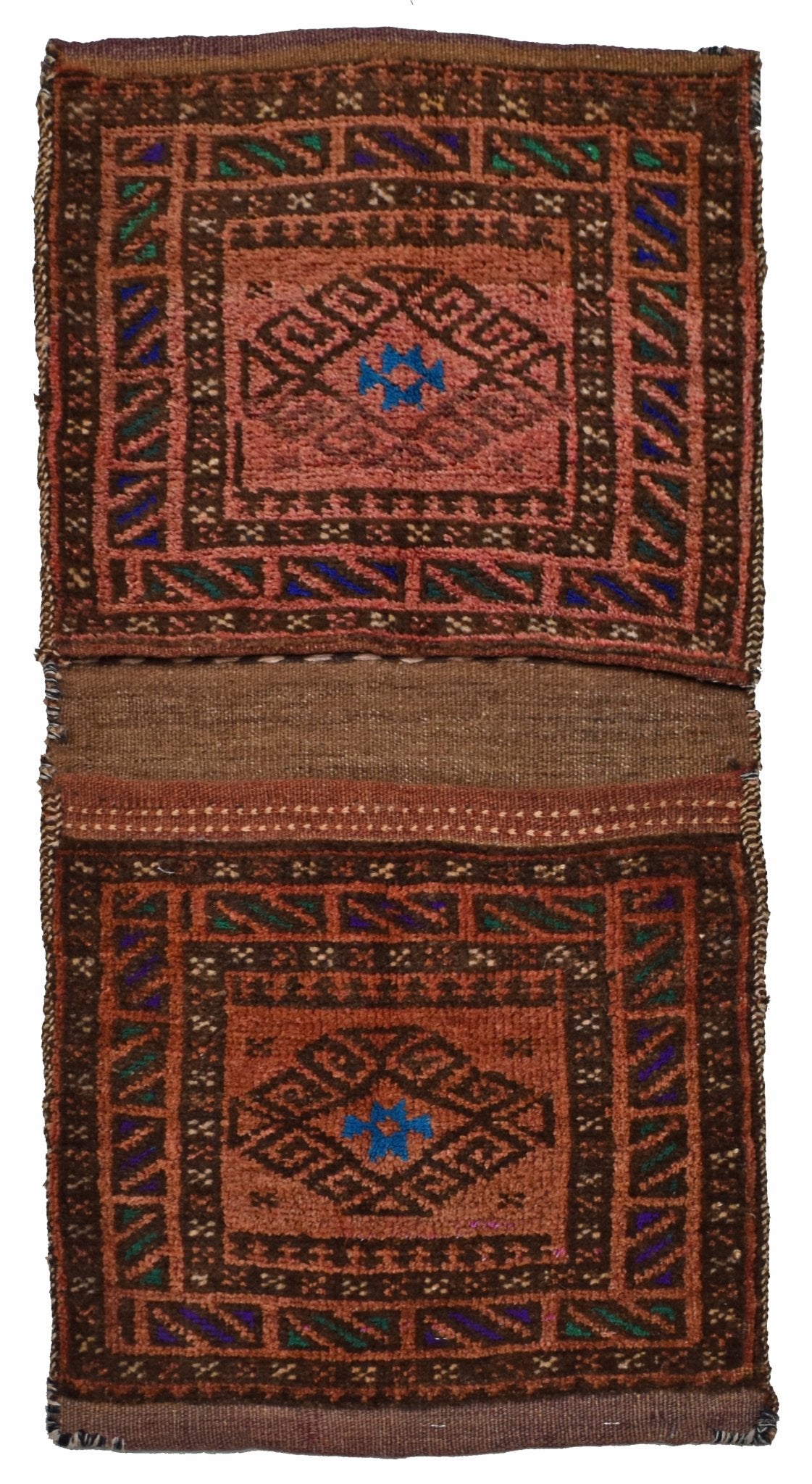 A vintage handmade Afghan wool saddle bag featuring two square panels with geometric patterns.