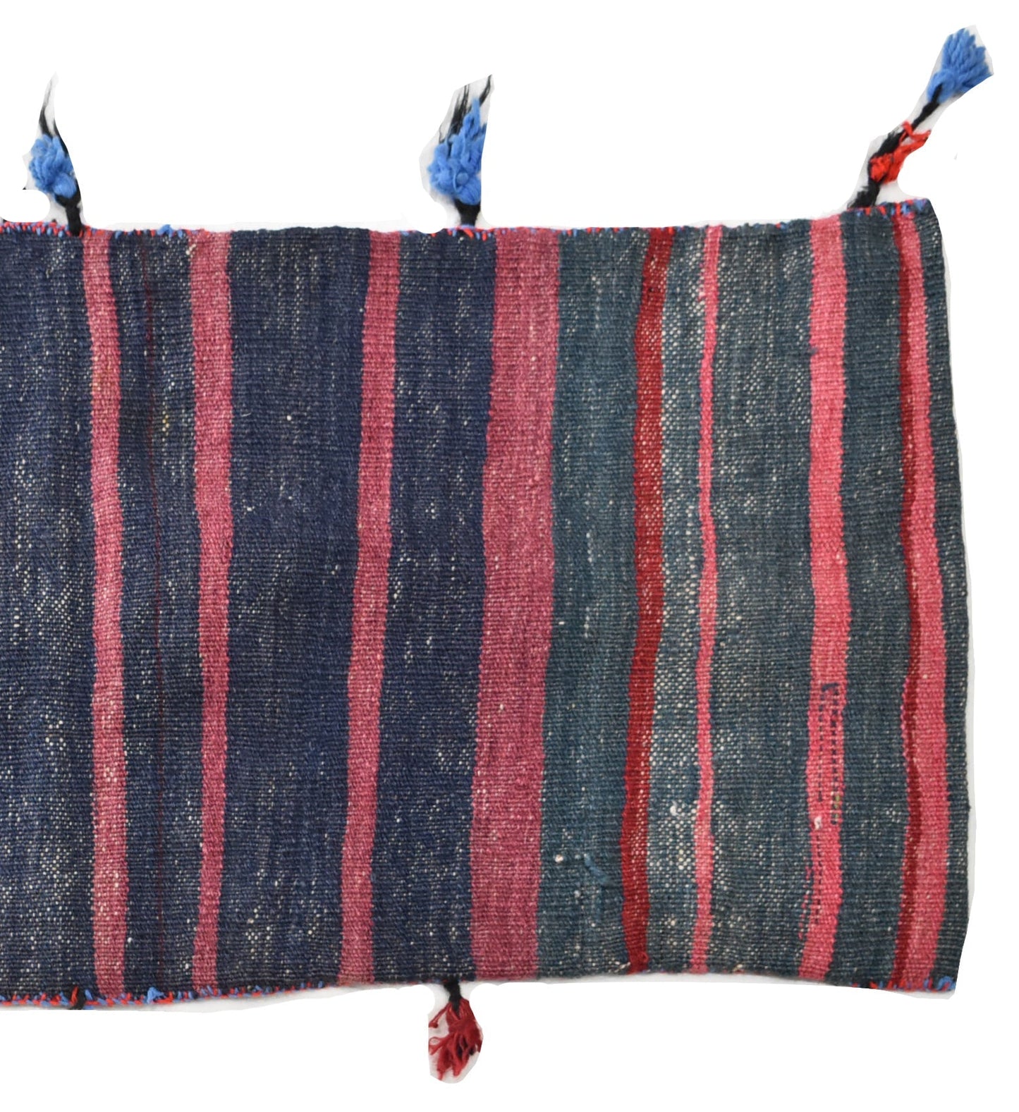A vintage Afghan wool saddle bag featuring vertical stripes in shades of blue, pink, and red.