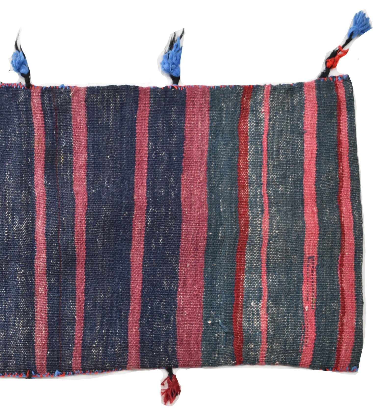 A vintage Afghan wool saddle bag featuring vertical stripes in shades of blue, pink, and red.