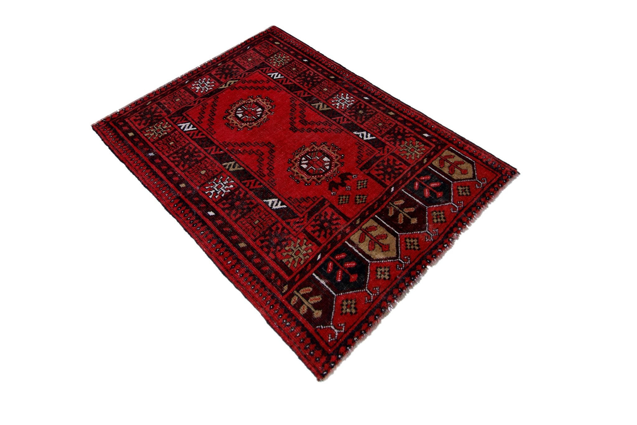 Handmade Vintage Afghan Turkmen Prayer Rug | 100 x 78 cm | 3'3" x 2'7" - Najaf Rugs & Textile