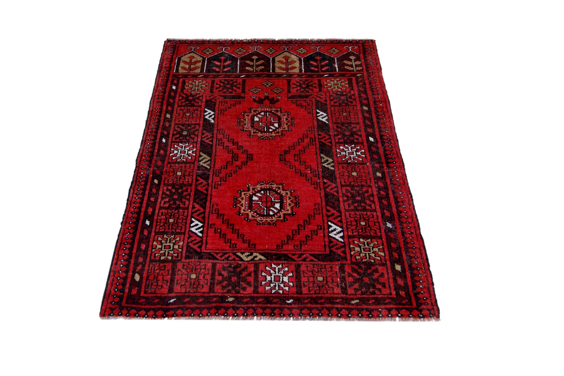 Handmade Vintage Afghan Turkmen Prayer Rug | 100 x 78 cm | 3'3" x 2'7" - Najaf Rugs & Textile