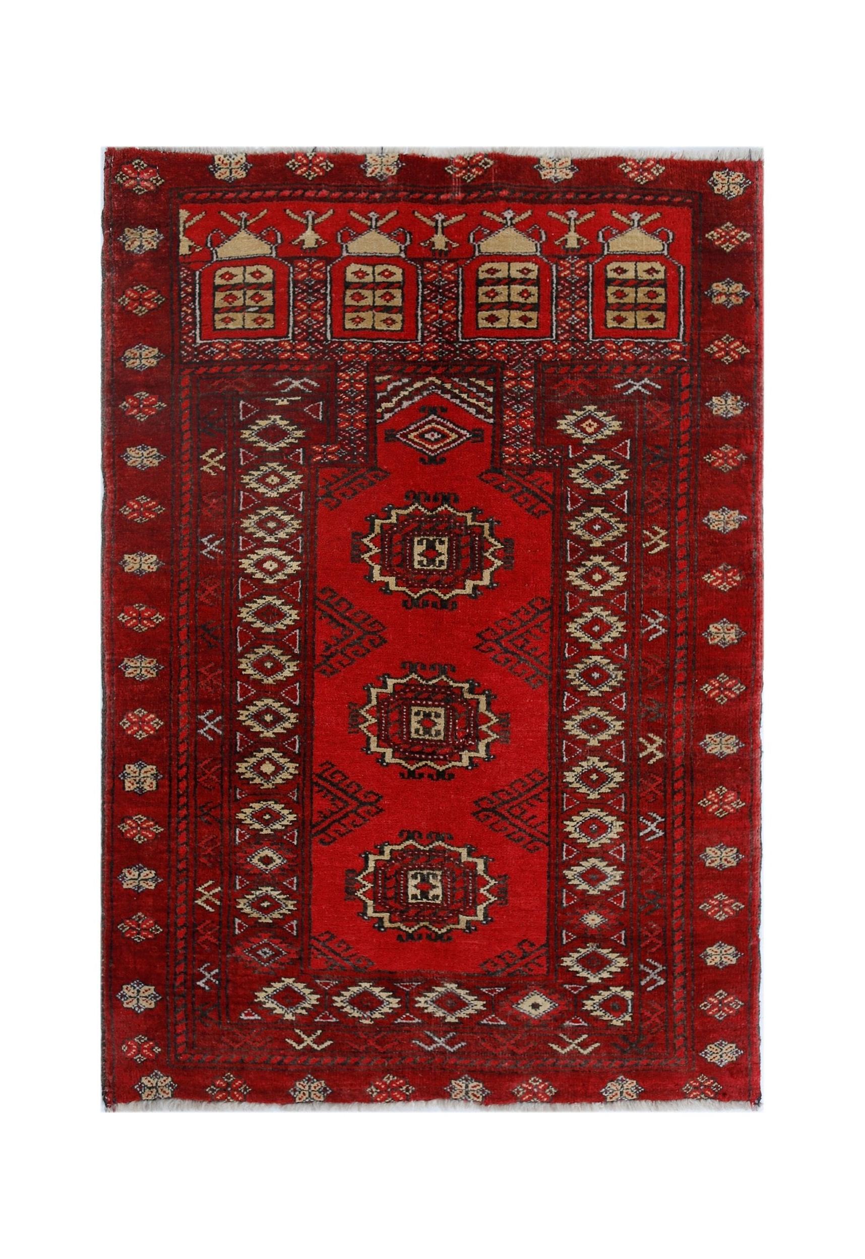 Handmade Afghan Turkmen Prayer Rug | 104 x 75 cm | 3'5" x 2'5" - Najaf Rugs & Textile