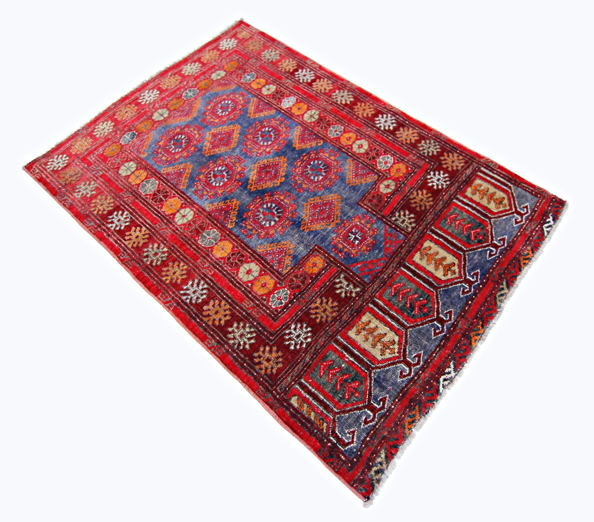Handmade Vintage Afghan Turkmen Prayer Rug | 111 x 77 cm | 3'8" x 2'6" - Najaf Rugs & Textile