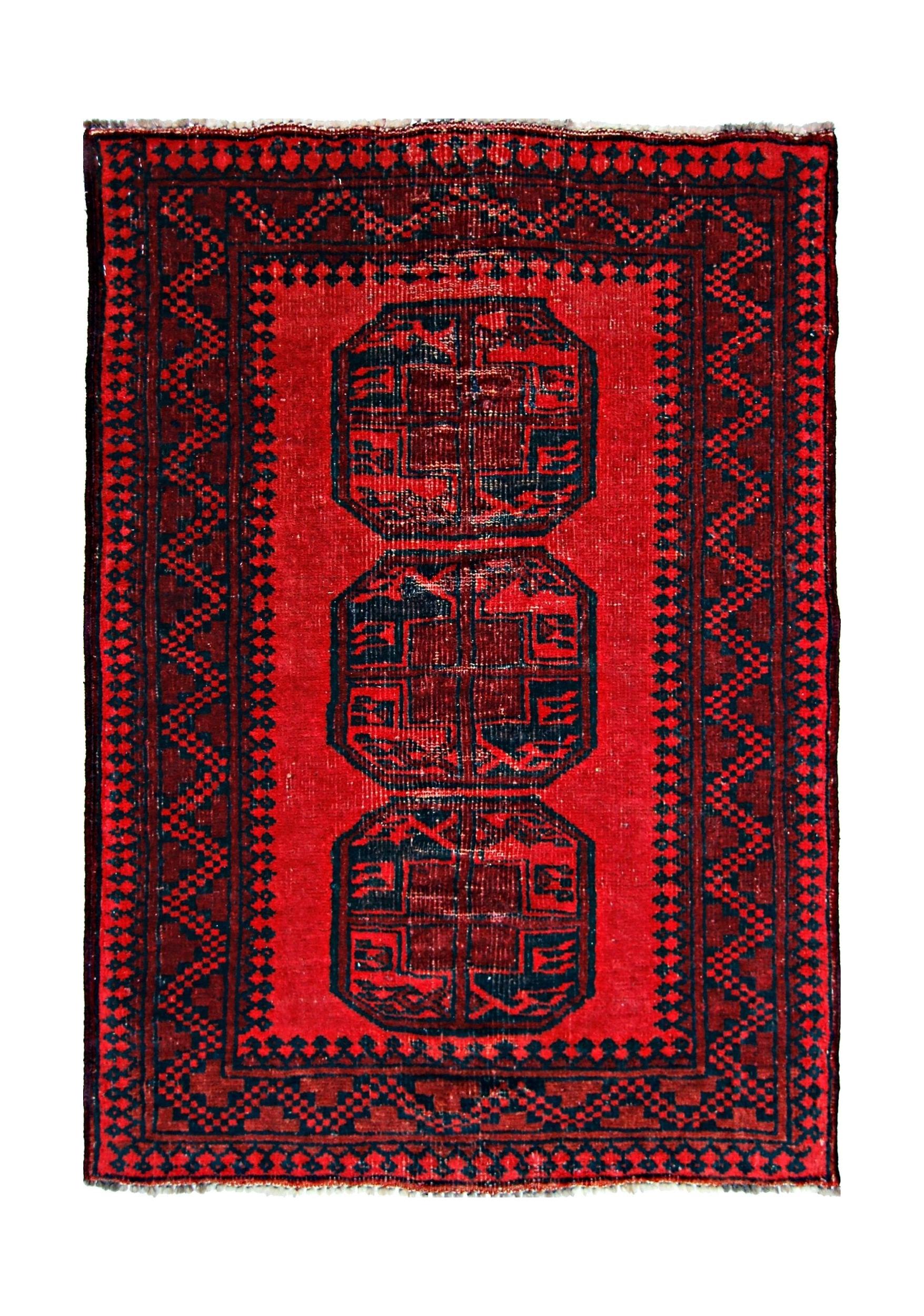 Handmade Vintage Afghan Turkmen Rug | 113 x 80 cm | 3'8" x 2'7" - Najaf Rugs & Textile
