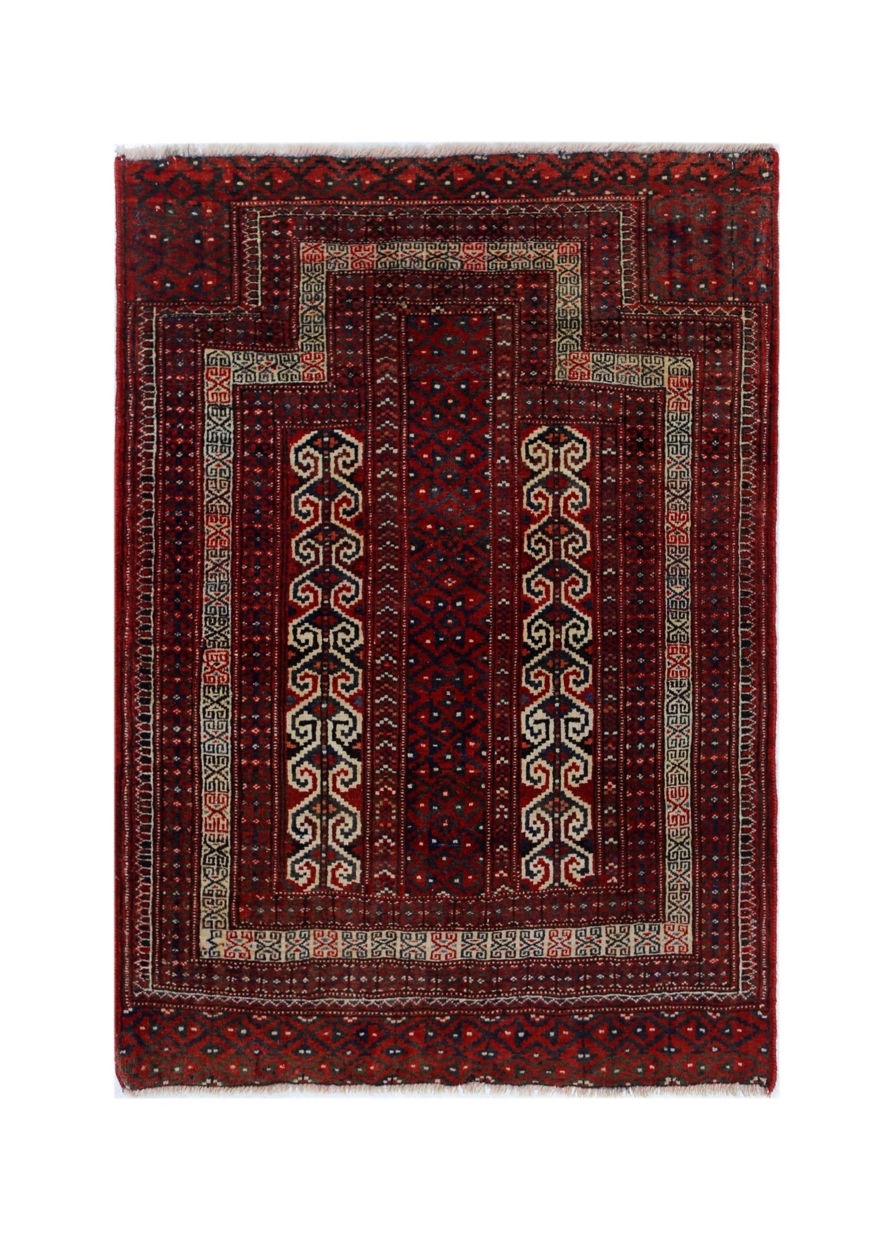Handmade Vintage Afghan Turkmen Prayer Rug | 117 x 83 cm | 3'10" x 2'9" - Najaf Rugs & Textile