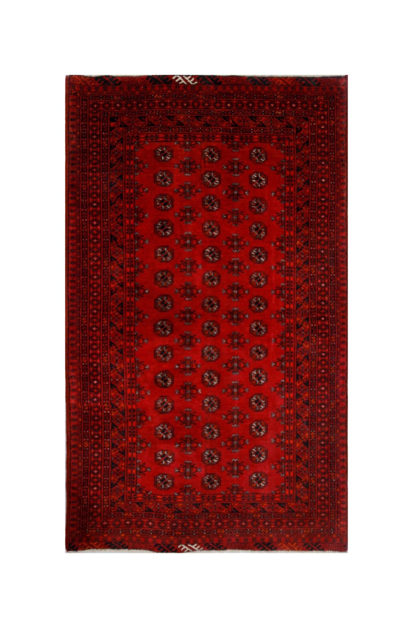 A handwoven vintage Afghan Turkmen rug featuring a repeating geometric pattern on a red field.
