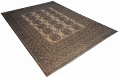 A vintage handmade Afghan Turkmen rug featuring repeating octagonal motifs in brown and beige tones.