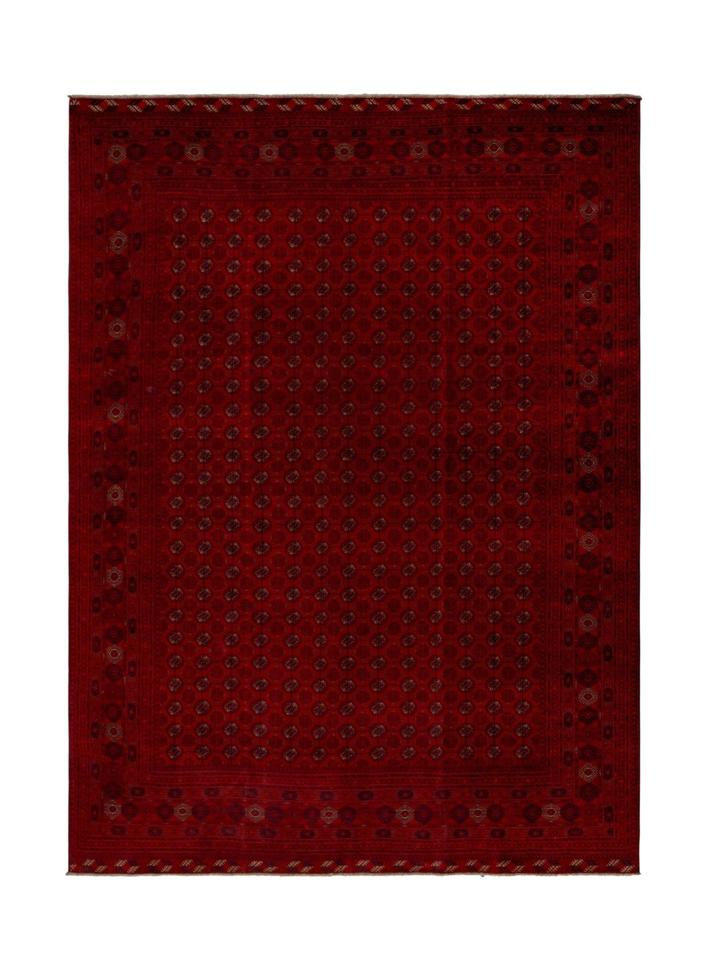 A rectangular handmade Afghan Turkmen rug featuring a deep red field with repeating geometric motifs.