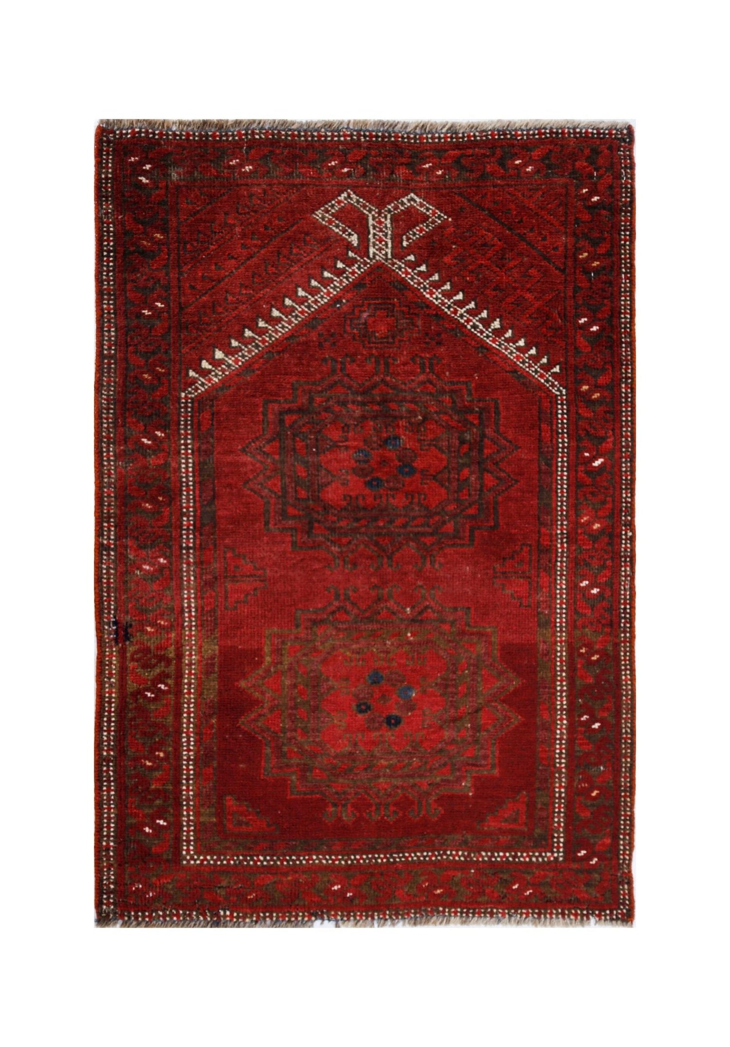 A vintage handmade Afghan Turkmen rug featuring two geometric medallions on a deep red field.