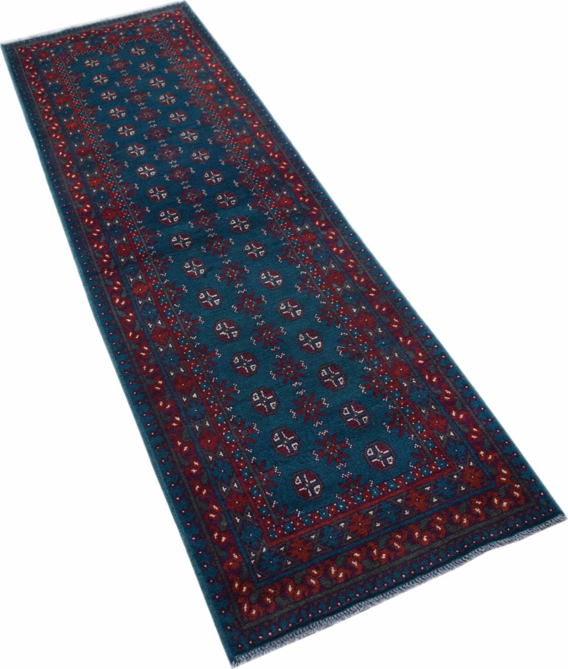 A handmade vintage Afghan Turkmen runner rug featuring a deep blue field with repeating geometric motifs.