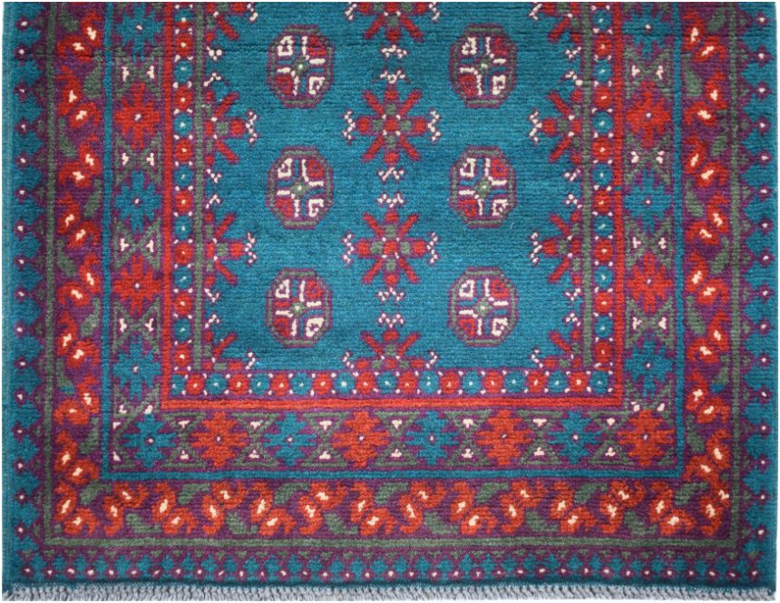 A vintage Afghan Turkmen runner featuring geometric patterns in red, blue, and green wool.
