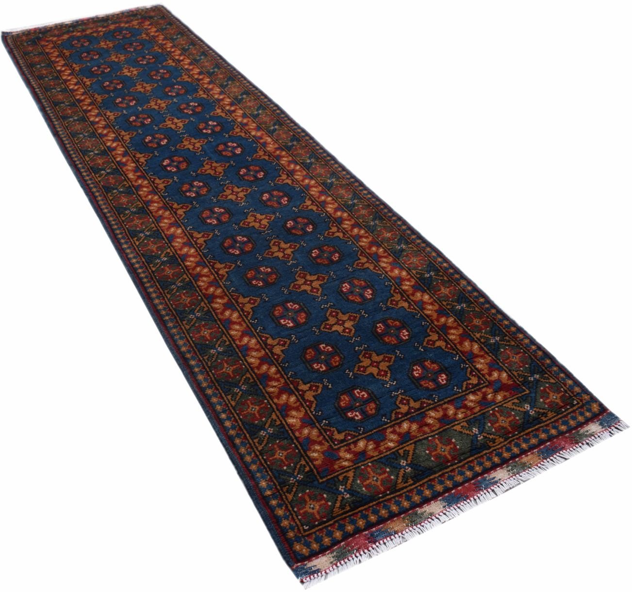 A handmade vintage Afghan Turkmen runner featuring a geometric pattern in blue, red, and gold.