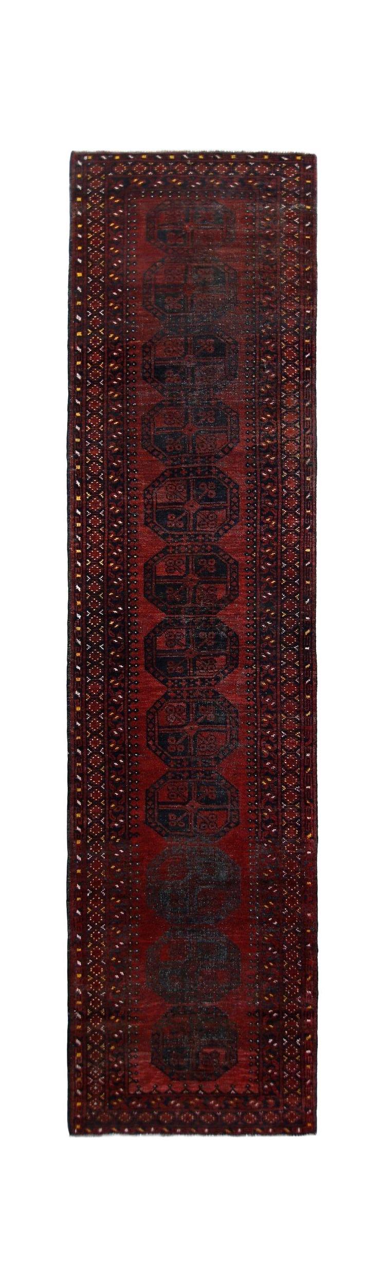 Handmade Vintage Afghan Turkmen Hallway Runner | 400 x 98 cm | 13’1” x 3'2" - Najaf Rugs & Textile