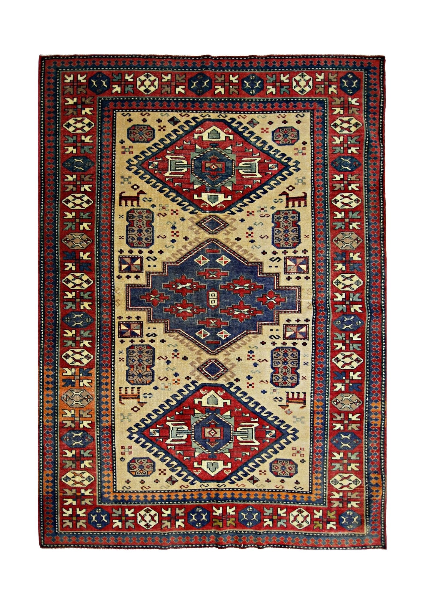 Handmade Vintage Caucasian Kazakh Rug | 222 x 146 cm | 7'4" x 4'9" - Najaf Rugs & Textile