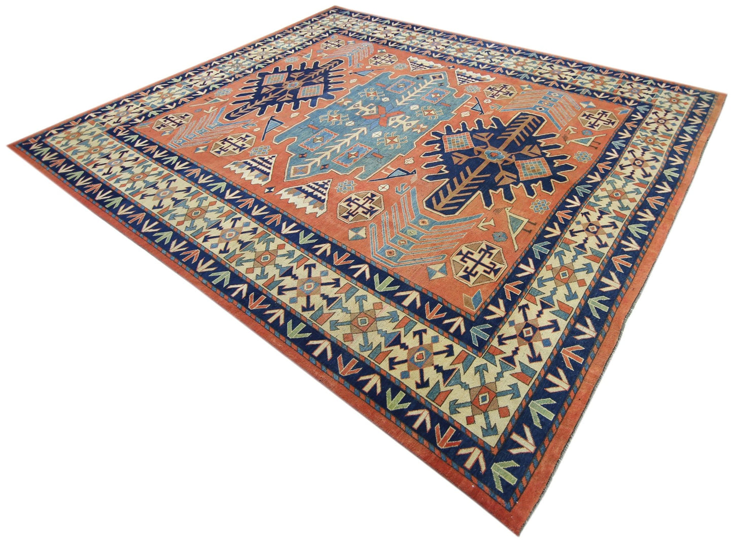 Handmade Vintage Caucasian Kazakh Rug | 333 x 277 cm | 10'11" x 9'1" - Najaf Rugs & Textile