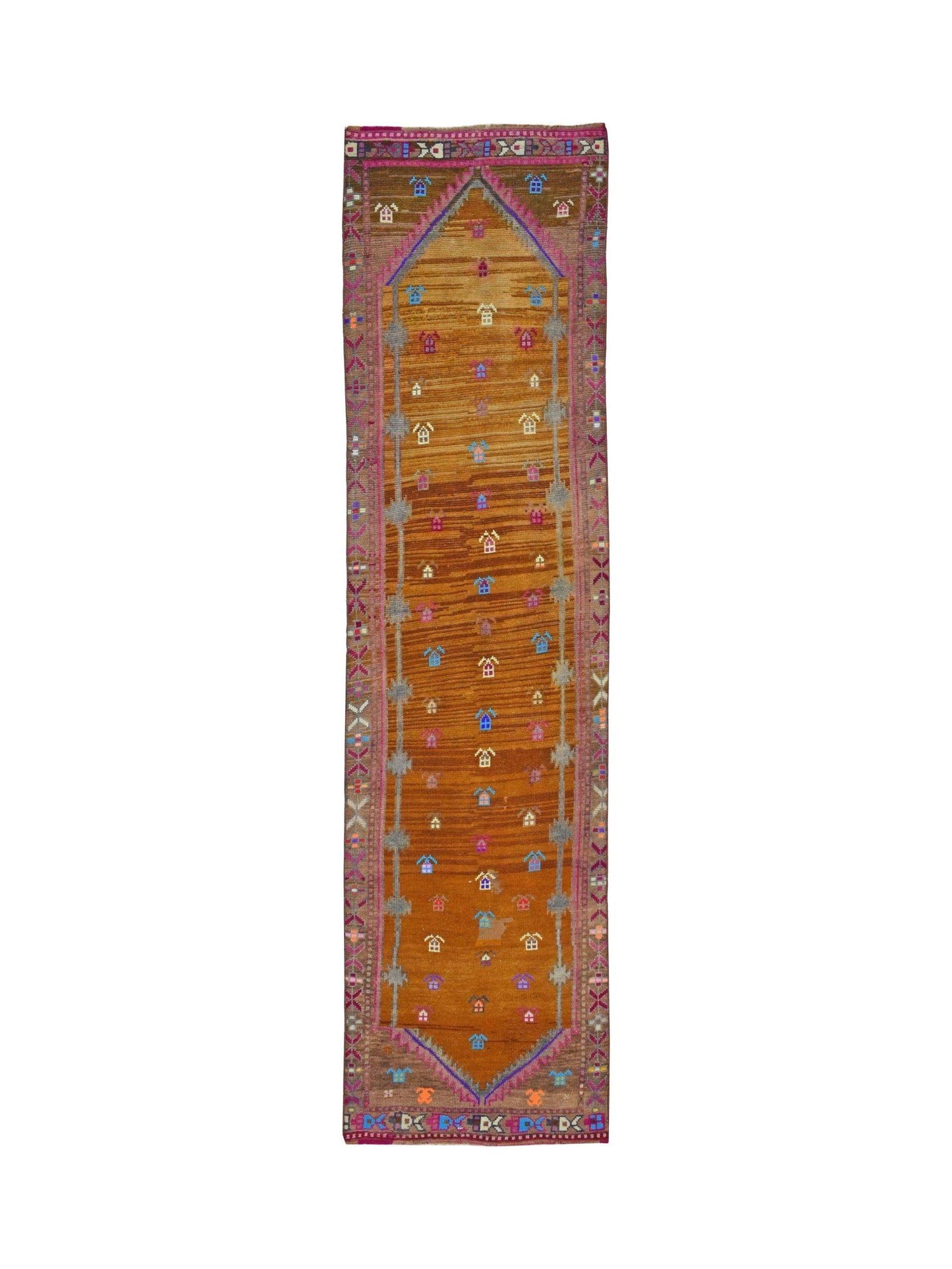 Vintage Kurdish Herki runner with tribal motifs and abrash color variation.