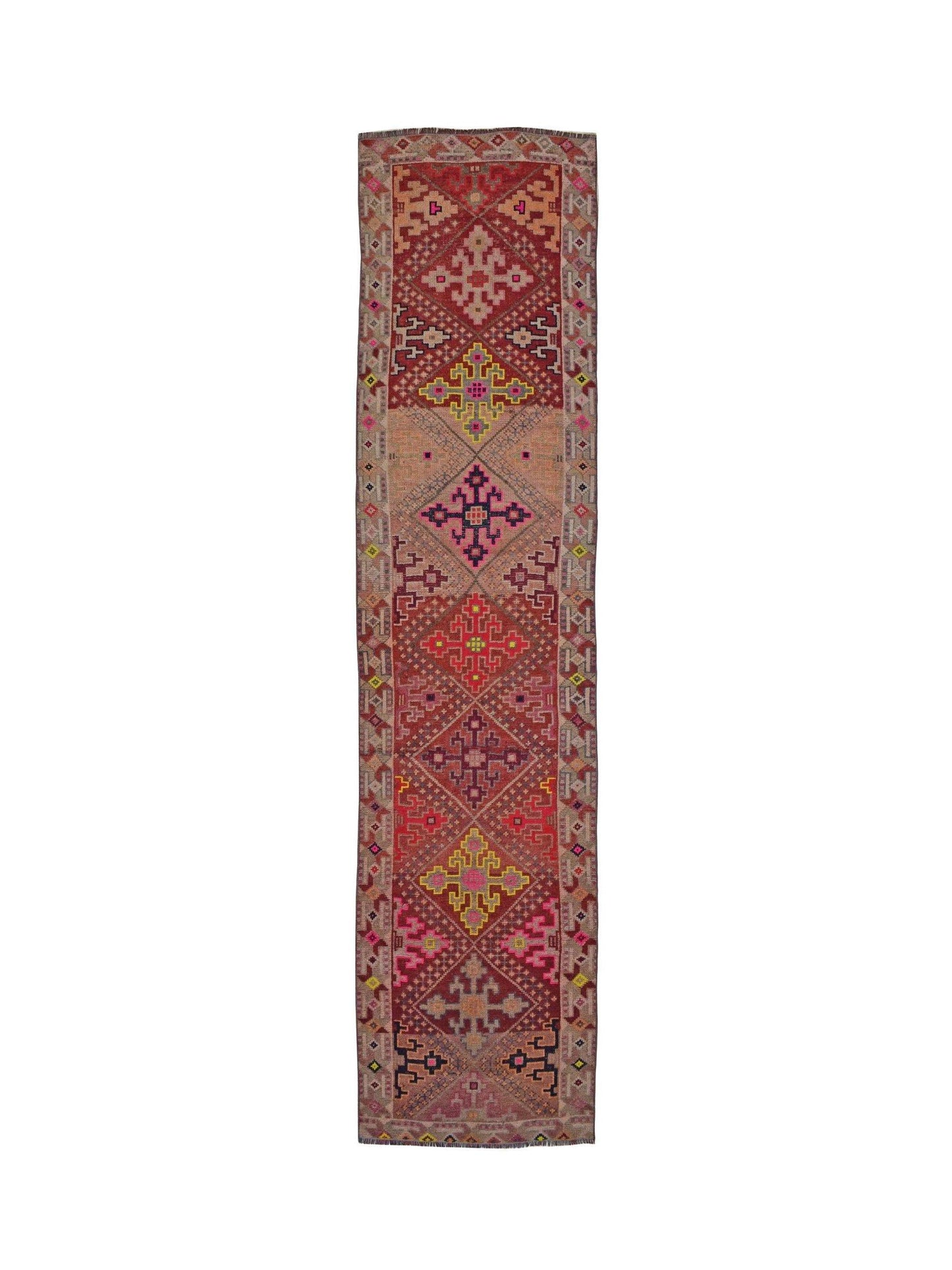 A vintage Kurdish Herki runner featuring geometric tribal motifs in vibrant wool and nylon.