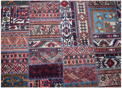 A handmade patchwork rug featuring a variety of vintage wool patterns in vibrant colors.