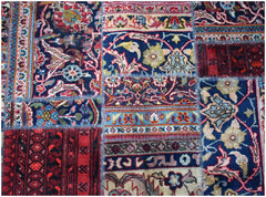 A handmade patchwork rug featuring a variety of vintage floral and geometric patterns in wool.