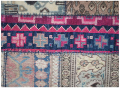 A handmade vintage patchwork runner featuring wool panels with geometric and floral patterns.