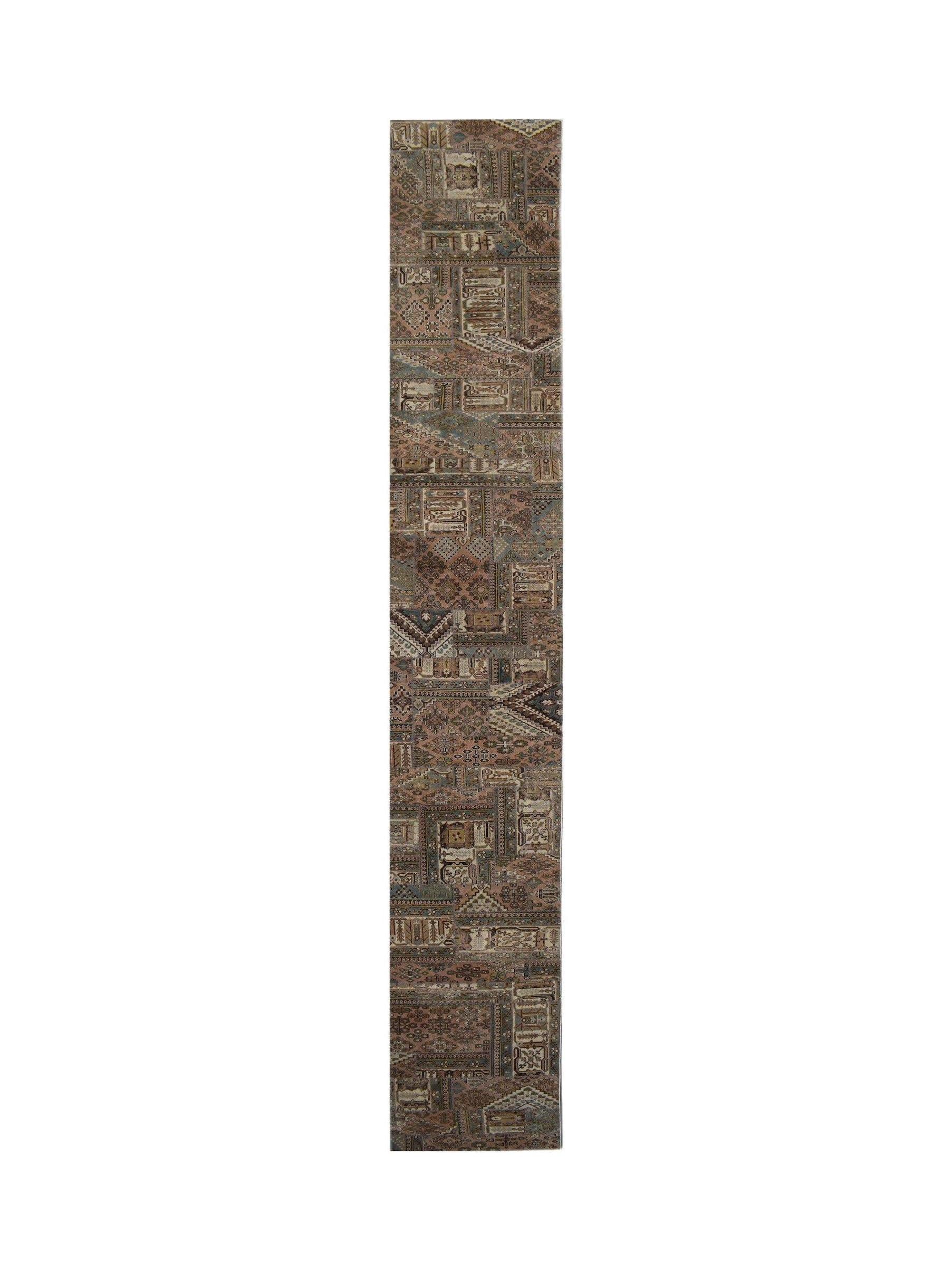 A handmade wool runner rug featuring a vintage-style patchwork design in muted earth tones.