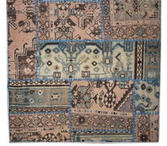A handmade patchwork runner rug featuring various vintage wool patterns in muted earth tones.