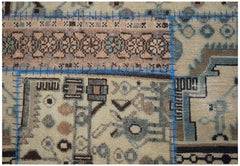 A handmade wool patchwork runner featuring various vintage rug patterns joined by blue stitching.