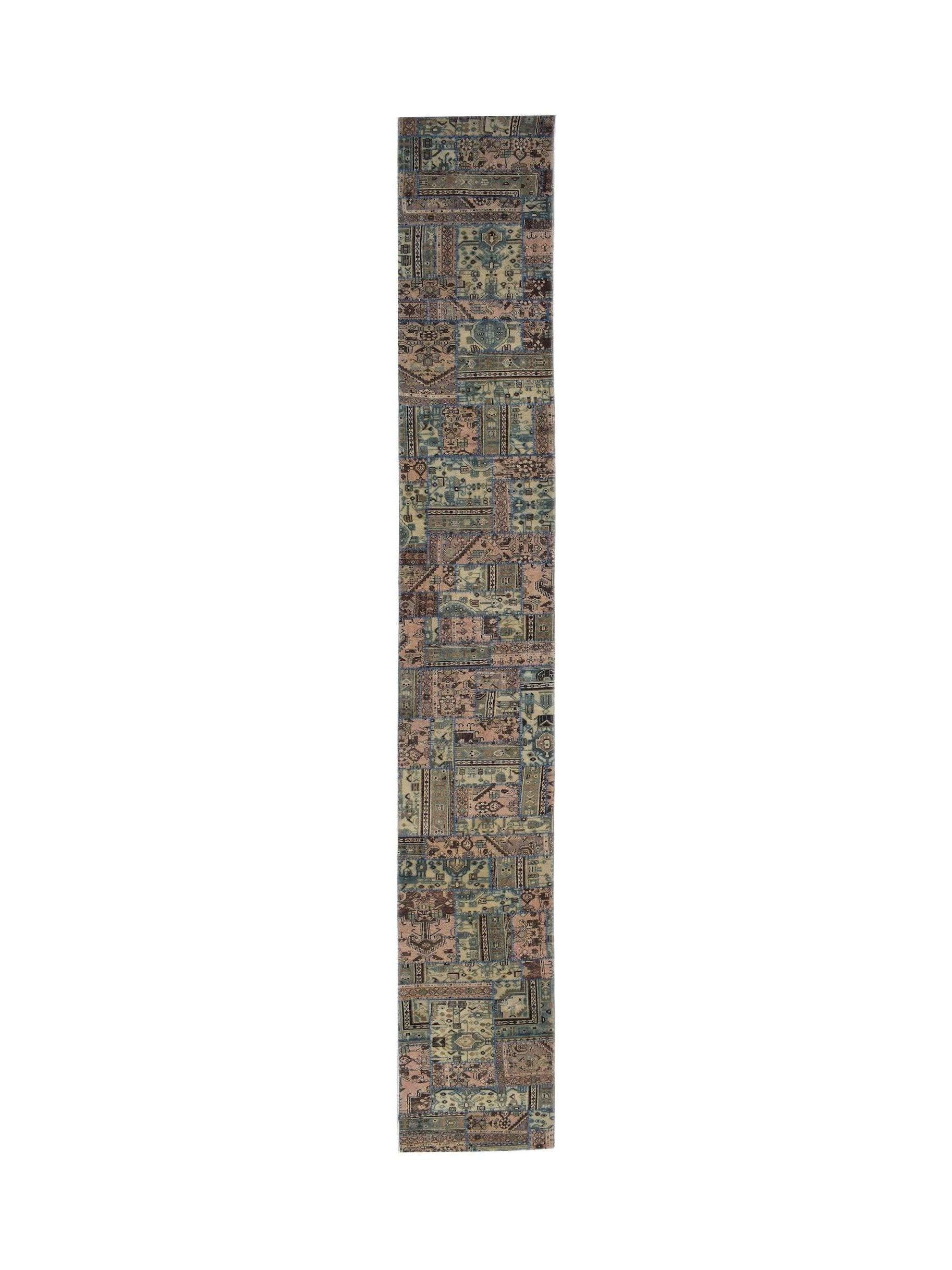 A handmade Afghan wool runner rug featuring a vintage patchwork design in muted tones.